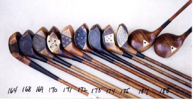 Wooden Shafted Golf Clubs, wood shaft putters, hickory shaft niblicks, long nose woods and rut irons. Golf Balls and Collectibles.