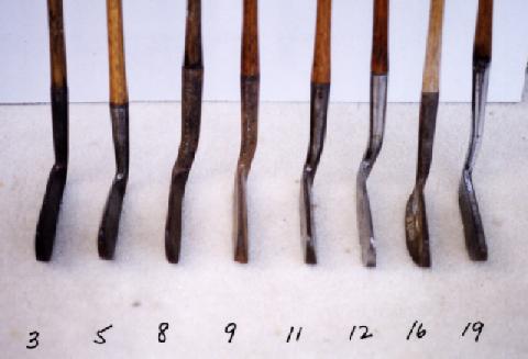 Wooden Shafted Golf Clubs, wood shaft putters, hickory shaft niblicks, long nose woods and rut irons.